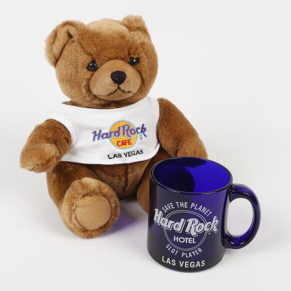 Mixed Lot Hard Rock Las Vegas Hotel Cafe Cobalt Glass Mug & Plush Bear 2000 - Picture 1 of 14